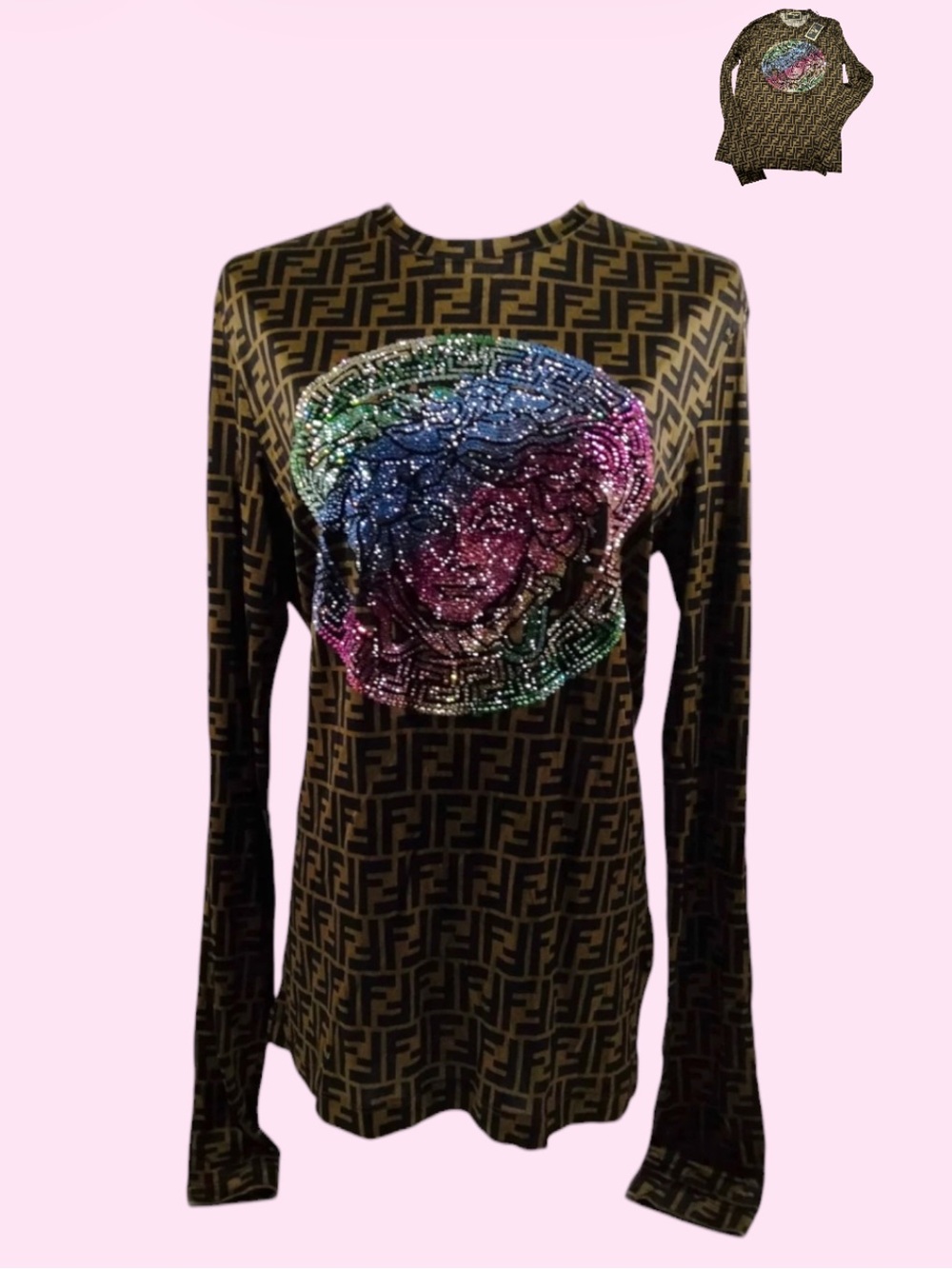Fendace Fendi x Versace Rhinestone Medusa Logo Long Sleeve Top - Fendi Logo NWT - Picture 5 of 7